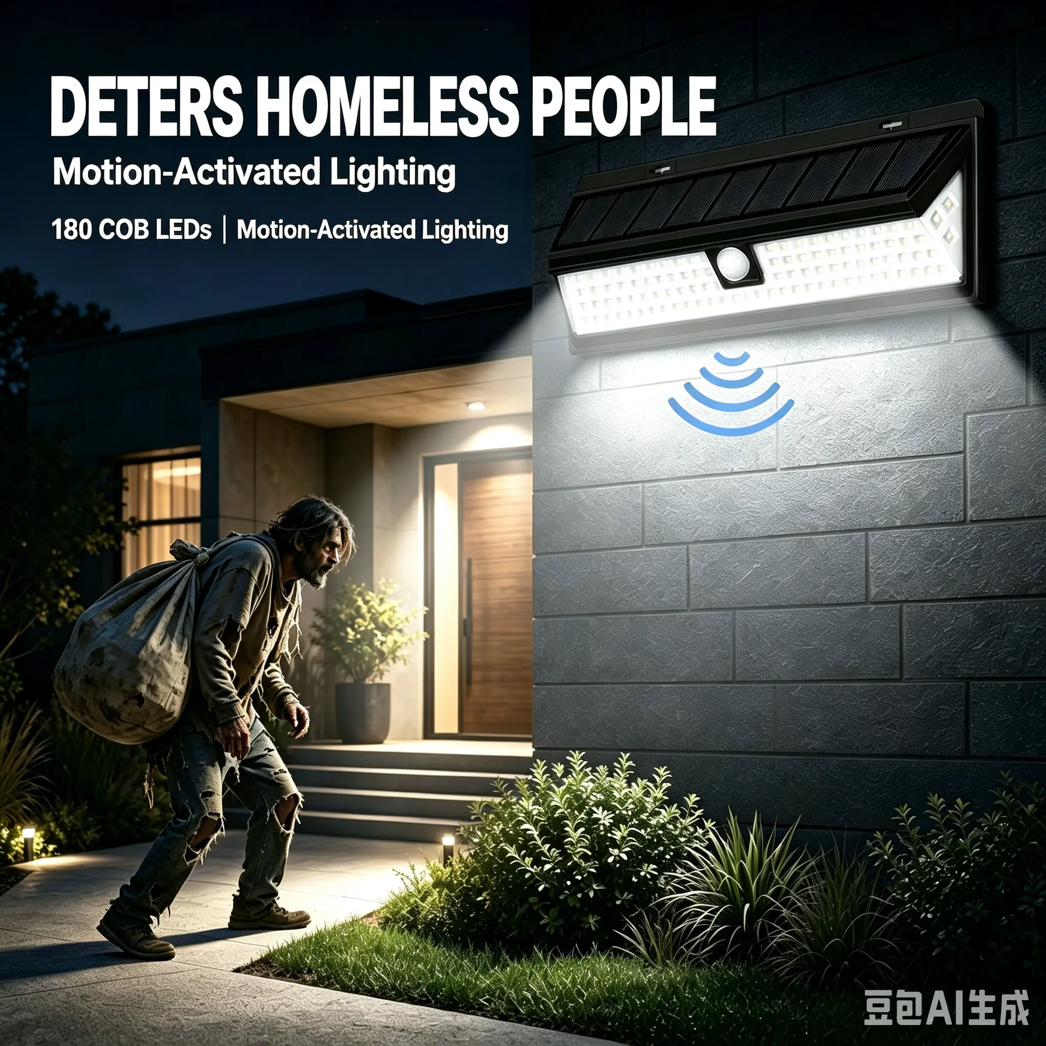 Light Up 1,000 Sq. Ft.! 180-COB Solar Outdoor Security Light, Dimmable Spotlight, 3 Lighting Modes, IP65 Waterproof, for Patios, Garages, Porches, Yards, Gardens, Farms, Chicken Coops, Barns, Stables & Pools