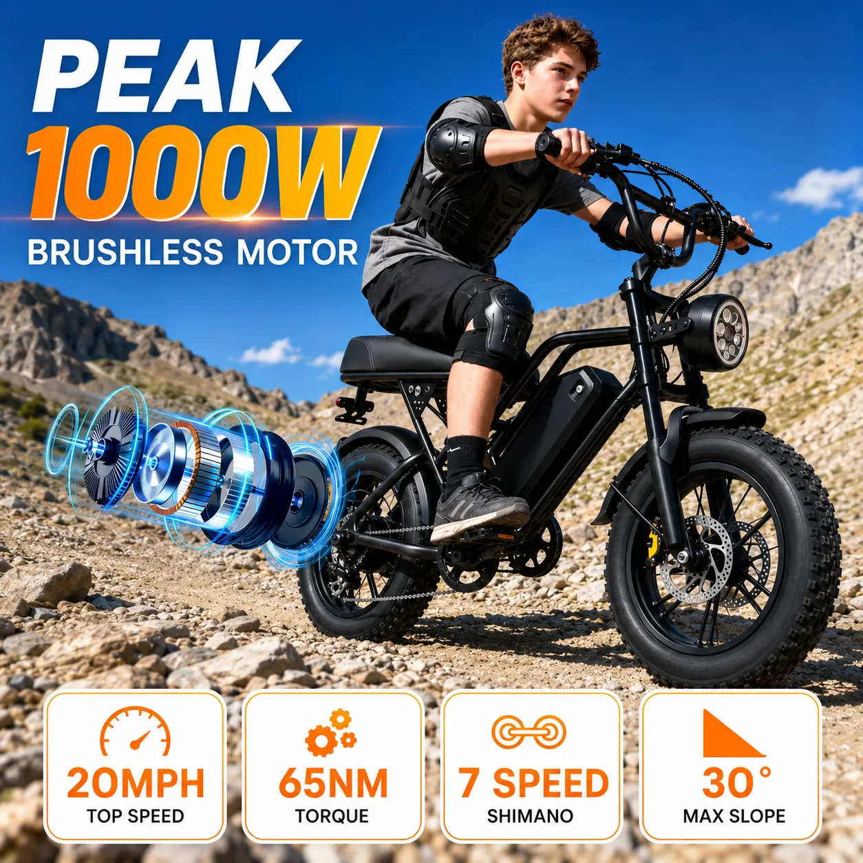 1000W Fat Tire Electric Bike for Adults | All-Terrain Hunting & Campus Commuter E-bike, 20MPH, Up to 50-Mi Range (w/ PAS 1), 15Ah Removable Battery, 265lbs