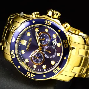 Invicta Men's 48mm Pro Diver Scuba Chronograph Blue 18KT Gold Plated SS Watch Silent Analog Quartz Stainless Steel Wristwatch