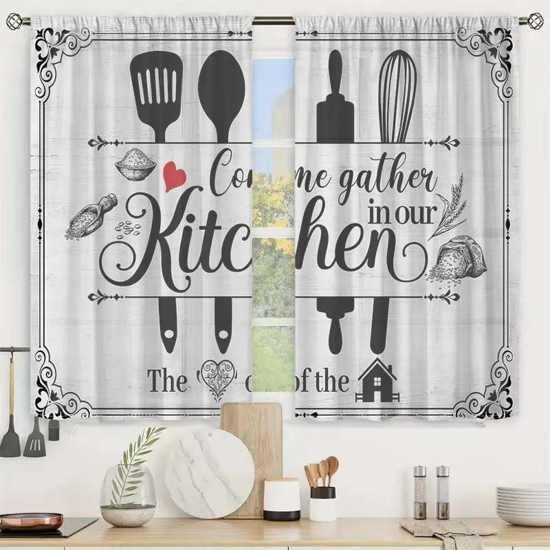 Kitchen Letter Pattern Curtain, 2 Counts Kitchen Decorative Curtain, Household Textiles for Home Kitchen, Home Decor Supplies
