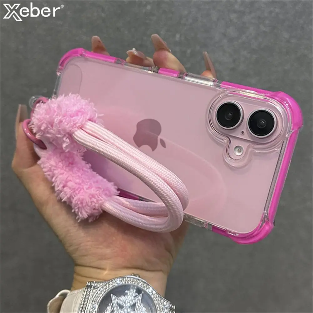 Hybrid Bumper Armor Transparent With Wrist Strap Case For iPhone 15 13 14 16 17 Pro Max Plus Shockproof Air Bag Cover