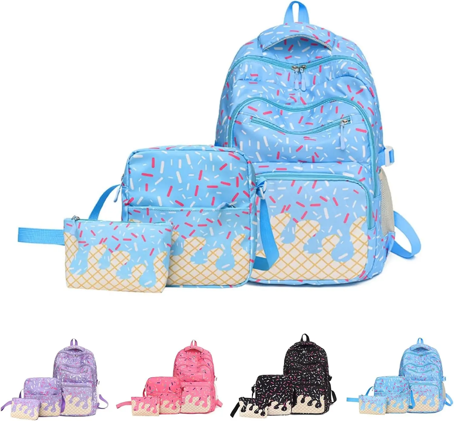 3 Pcs Baseball Ice Cream Drip Backpack Set with Backpack Lunch Bag Pen Bag Women Men 3 Pcs Baseball Ice Cream Drip Backpack Set Ice Cream Drip Backpack Lunch Bag Pen Bag for Sport Camping