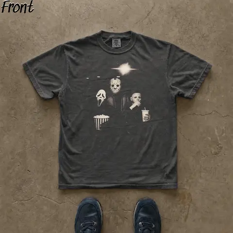 Women's Fitted Short-Sleeve Round Neck Printed Vintage Horror Villains Graphic T-Shirt - Ghost Face, Michael Myers, Jason Voorhees - Scream, Halloween, Friday the 13th Themed Streetwear - Spooky Fall Trick or Treat Cold Wash Women's Halloween T-Shirt