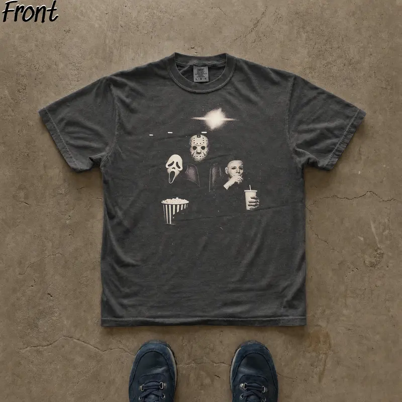 Women's Fitted Short-Sleeve Round Neck Printed Vintage Horror Villains Graphic T-Shirt - Ghost Face, Michael Myers, Jason Voorhees - Scream, Halloween, Friday the 13th Themed Streetwear - Spooky Fall Trick or Treat Cold Wash Women's Halloween T-Shirt