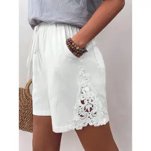 Chic white lace-trimmed shorts - women's casual wear in a machine-washable polyester blend tank top and High Waisted 2-in-1 Athletic weekend Minimalist Push Up Bra Boxer Brief Set stretch cute running leg day lounge fashion elastic waist parke footy hidra