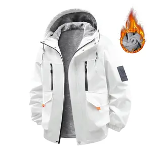 Men's Winter Fleece Lined Hooded Jacket, Windproof Warm Polyester Coat with Zipper Closure, Full Function Pockets, Machine Washable, White Casual Outdoor Skiing, Snowboarding & Cold Weather Jacket