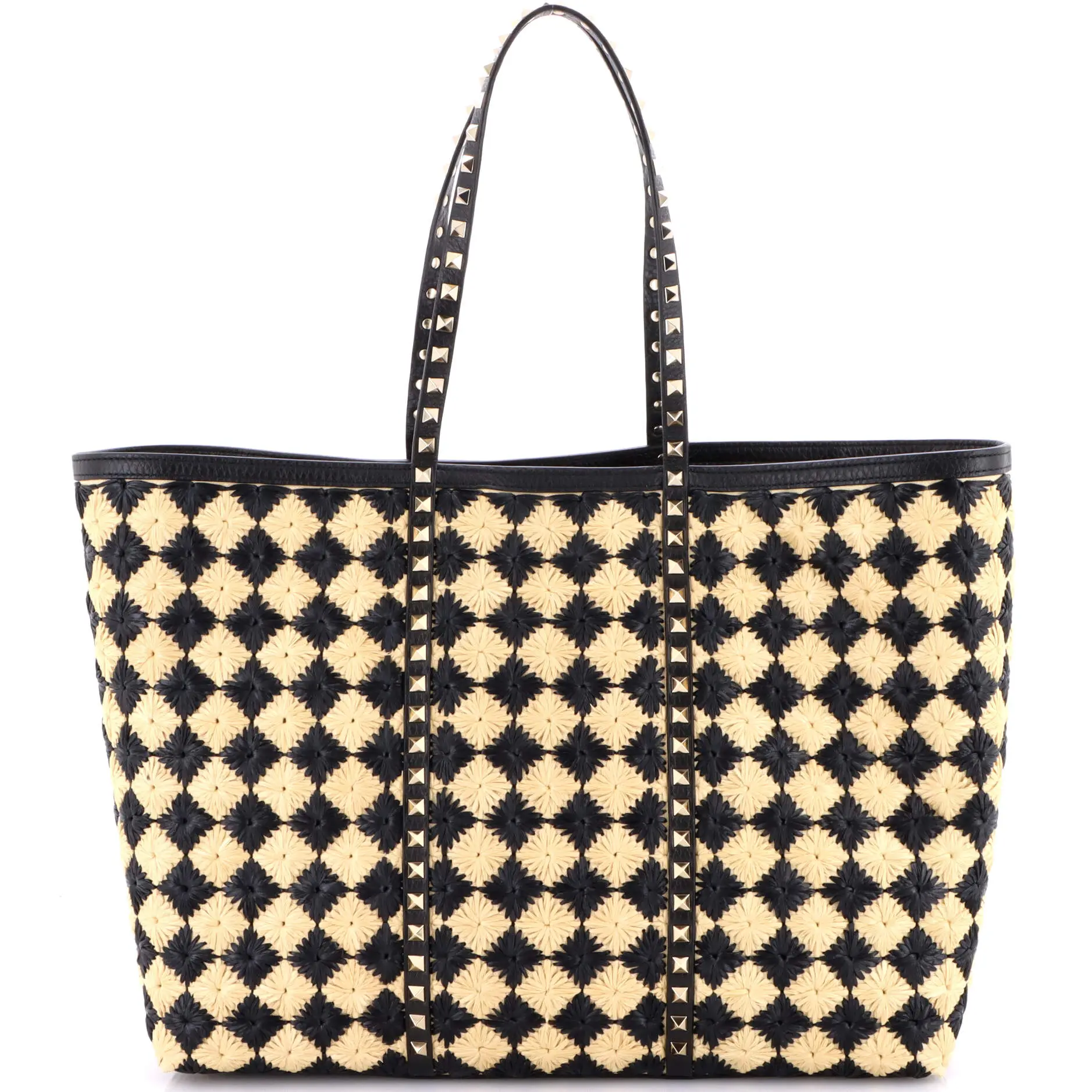 Pre-owned Valentino Raffia Tote Bags REBAG Garavani Rockstud Shopping Bag Check Embroidered Large by Rebag