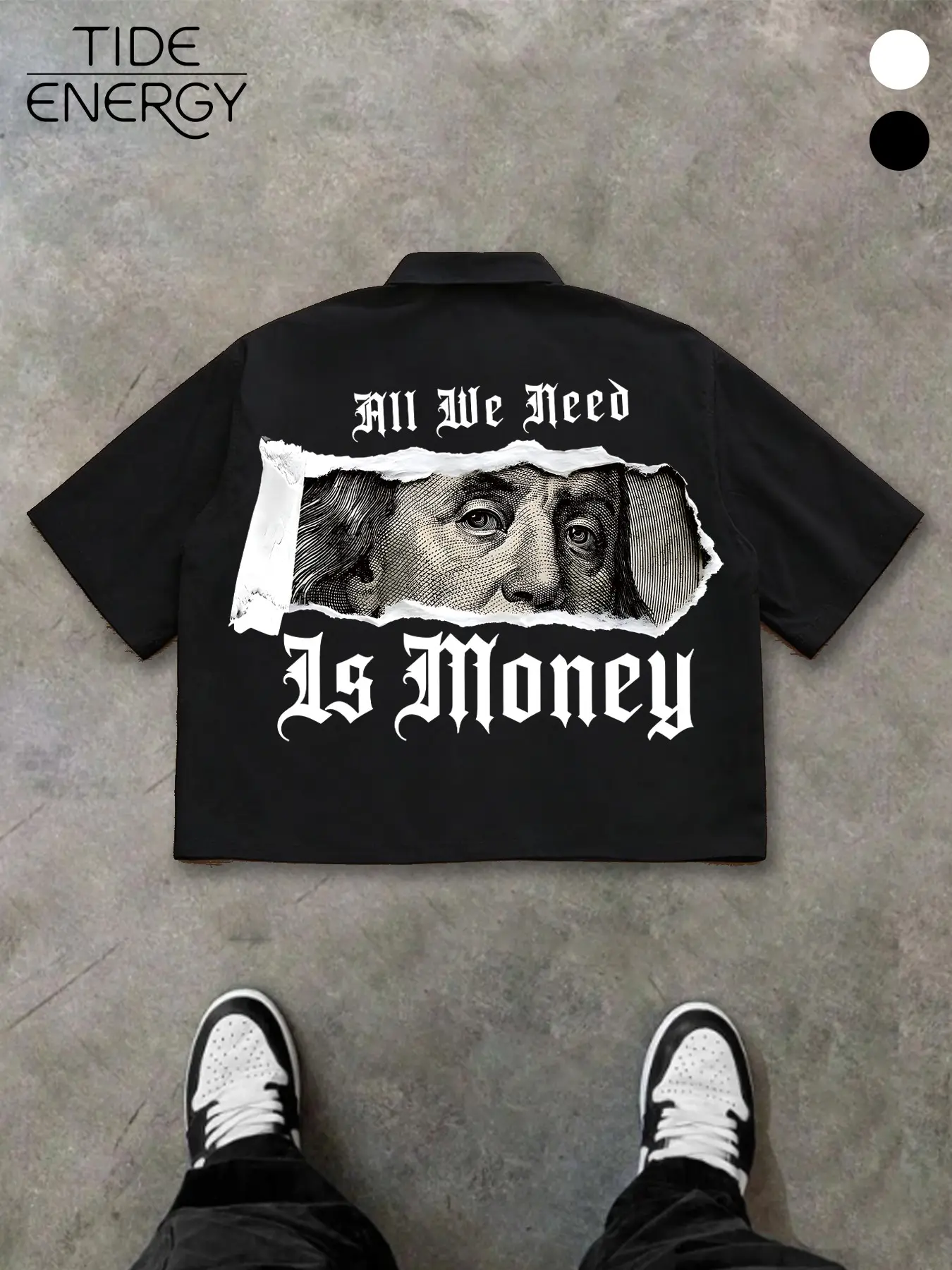 Men's Oversize Franklin Dollar Print Short Sleeve Cardigan, Hip Hop Street Style Gothic Font Shirt, Perfect for Summer Streetwear