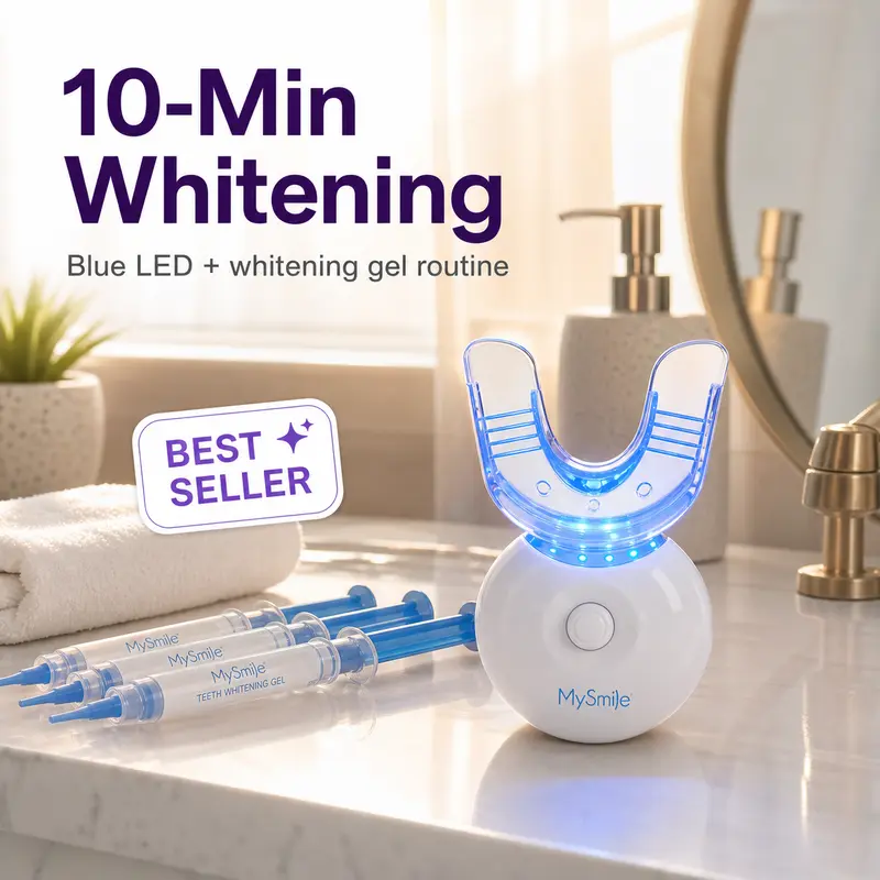 MySmile 10-Min Teeth Whitening Kit - 5 Blue Light LED Mouthpiece, Unscented Carbamide Peroxide Gel, Oral Stain Remover for Coffee & Wine Stains (Sensitive Teeth Friendly, Teeth Brightening), Teeth Brightener, Moisturizing, Batteries