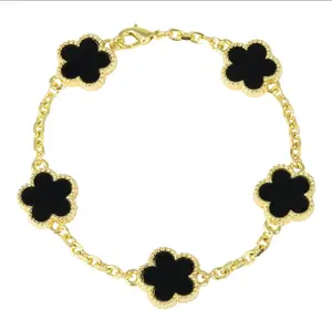 Gold/White Gold Black Five Leaf Clover Link Chain Bracelet Necklace