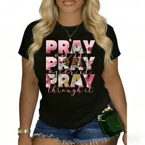 [100%25 Cotton] Plus Size Inspirational T-Shirt For Women - "Pray Over It" Print, Casual Crew Neck, Short Sleeve, Stretchy Polyester Blend, Machine Washable - Perfect For Spring/Summer/Fall, Plus Size Tshirts T-Shirt For Men And Women