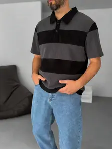 Men's Loose Corduroy Striped Polo Shirt, Short Sleeve Colorblock Vintage Top, Collar, Summer Casual Streetwear