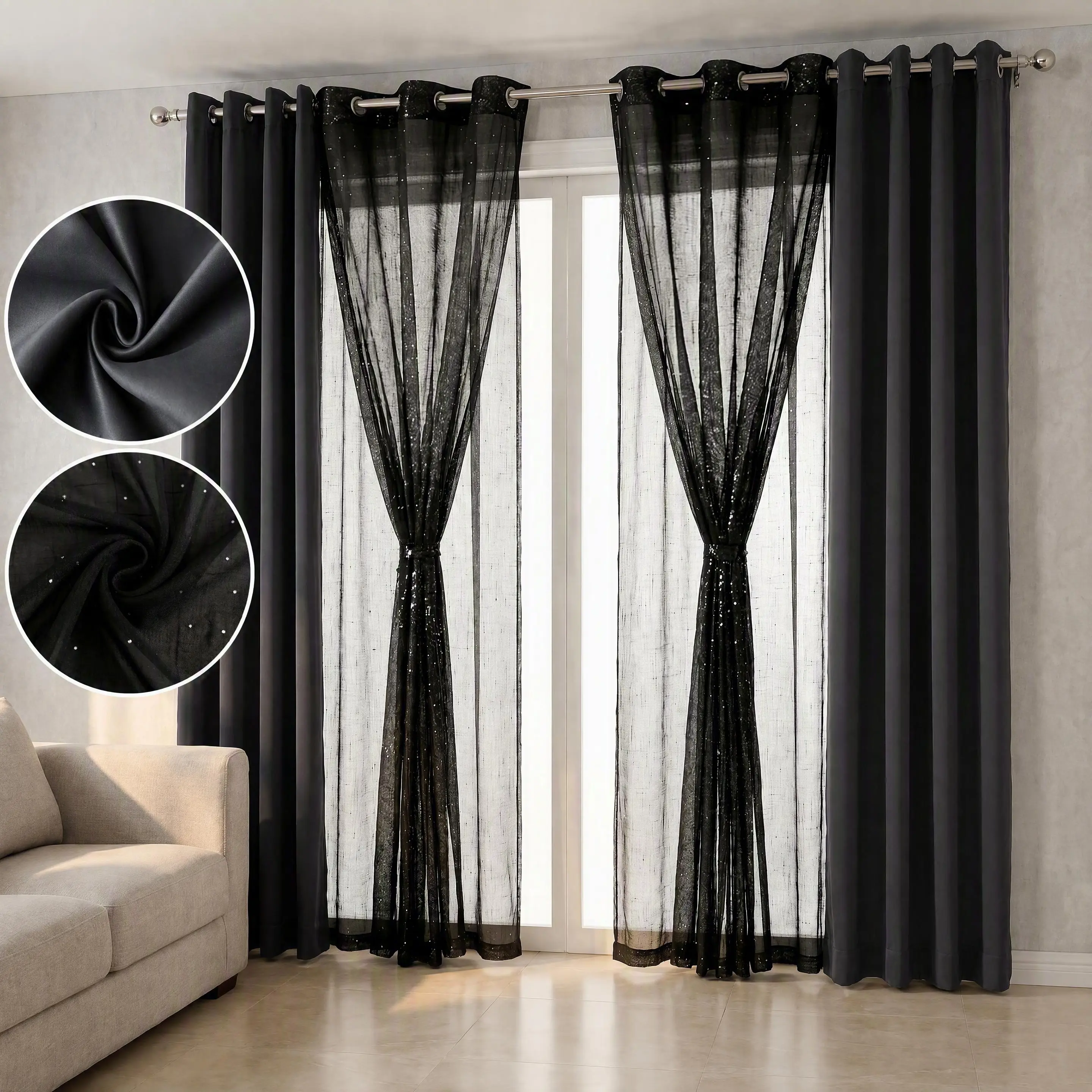 6 Panels Combination Grommets Curtains Including : 2 PANELS 54"x 84" Solid Full Blackout Curtains & 4 PANELS 34"x 84" Diamond Faux Linen Curtains QF222 FT2930 living room bathroom holiday decoration cortinas inganchos bedroom uv protection