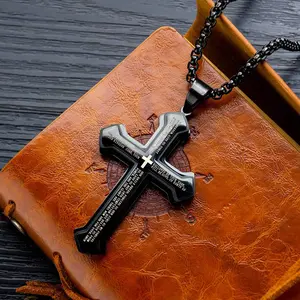 Cross Pendant Necklace Jesus Cross Necklace with Lord's Prayer Men Women Christian Gift