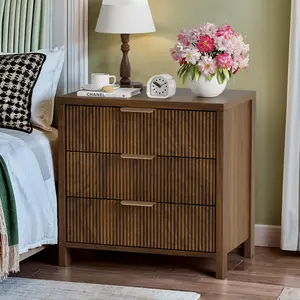 Fluted Nightstand, 24" Wide Side Table with 3 Large Storage Drawers, Mid Century Modern Wood Night Stand with Metal Handle, Wooden Bedside End Table for Bedroom, Living Room, Closet