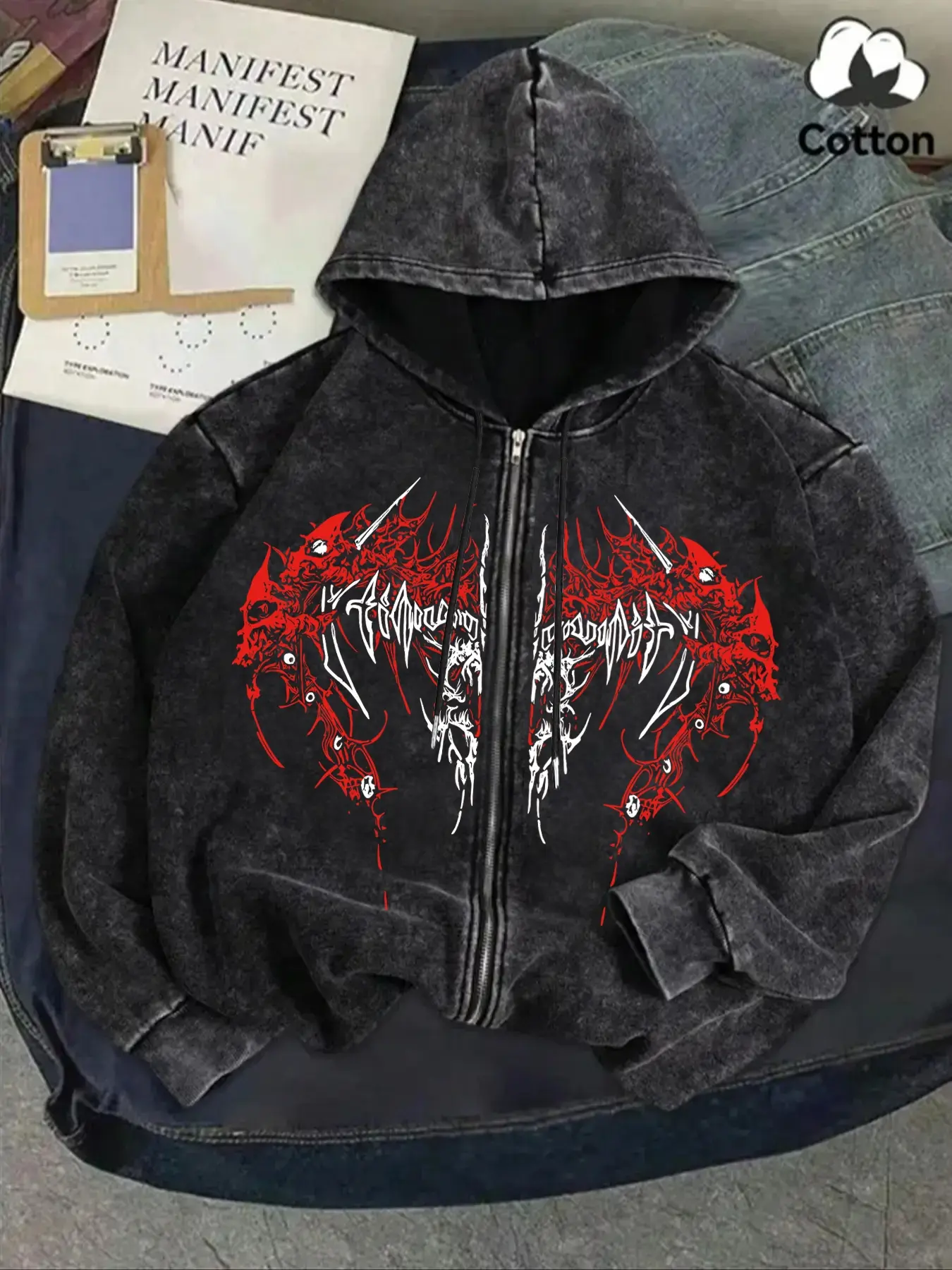 Y2K Rock Wash Full Zip Hoodie, Gothic Cross and Tribal Thorn