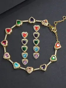 A 2-piece 10MM colored zircon heart set, a two-piece set of bracelet and stud earrings, a hip-hop bracelet gift, Romantic Bracelet Set, elegant and noble jewelry accessories, perfect for mom or girlfriend, Matching Jewelry Set