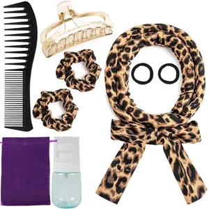Heat Less Curling Headband for Overnight Curls, No Heat Hair Curling Ribbon and Set for Long Hair (Leopard Print)