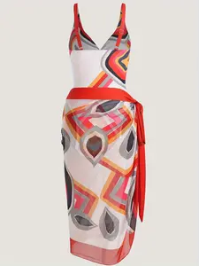 Women's Plus Size 1-Piece Swimsuit and Wrap Skirt Set, Colorful Abstract Geo Pattern, V-Neck, High Cut Swimwear with Twist Front Cover Up,summervibes