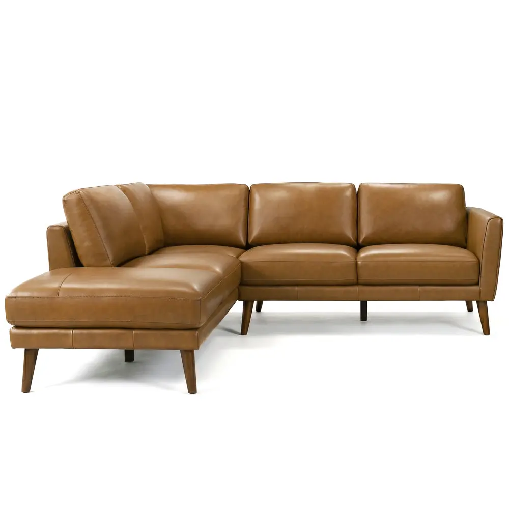 Bexley Brown 100% Leather L-Shaped Sectional Sofa Couch, Left-Facing Chaise, Living Room Sofa, Brown Leather Living Room Furniture