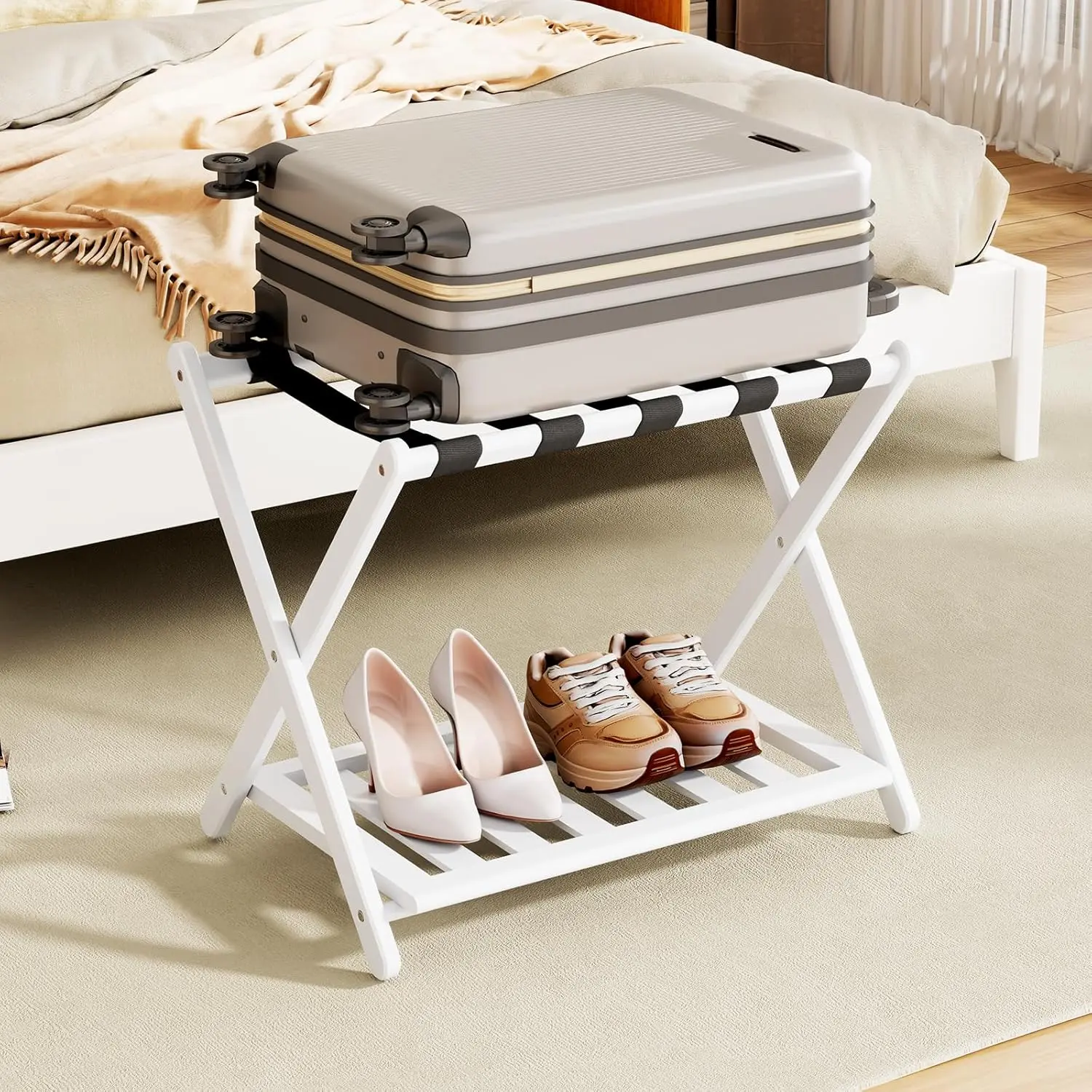 Luggage Rack for Guest Room - 1 Pack Full Assembled Luggage Rack Stand for Suitcases, Foldable Luggage Holder with Shoe Shelf for Bedroom, Hotel (White  Suitcase Stand)