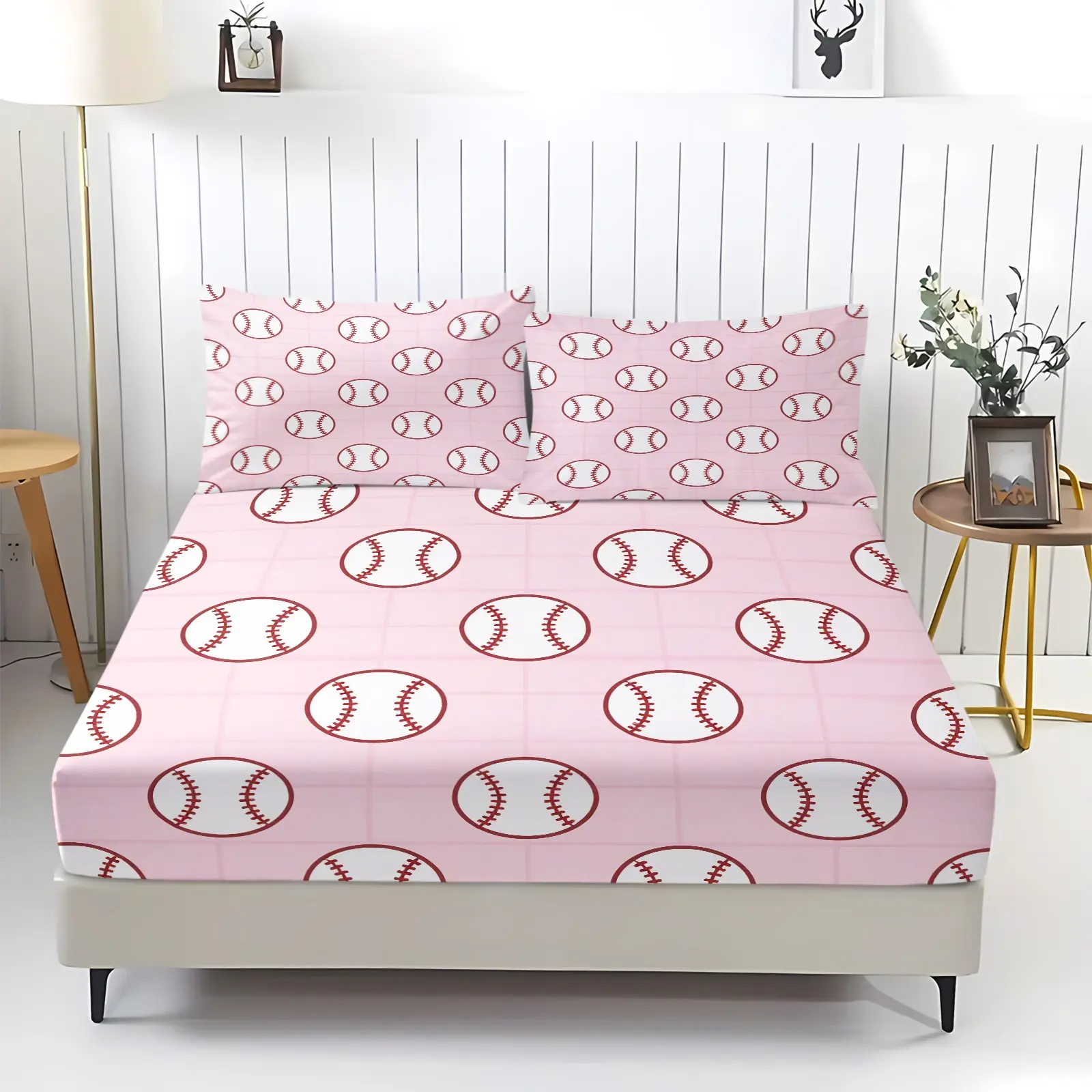 3Pcs Minimalist Baseball Printed Fitted Sheet Set, Sports Style Bedding Set, Soft and Breathable Fabric, Deep Pocket Design, Easy to Clean, Ideal for Baseball Fans Bedroom Decoration