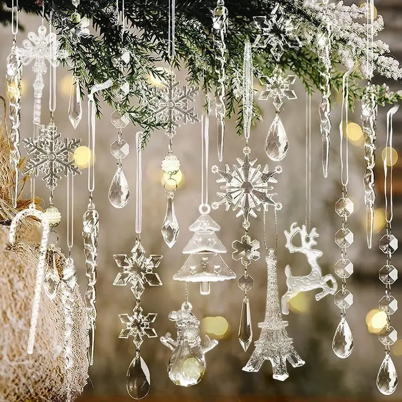 32 Transparent Snowflake Christmas Ornaments, Hanging Decorations for Christmas Trees, Winter Parties, Holiday Celebrations, Home Decor, Party Decoration