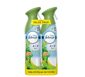 Febreze Air 8.8 oz. Original Gain Scent Air Freshener Spray (2 Count), odor eliminator, air freshener spray, fights air odors, cyclodextrin, natural from corn, instant freshness, light fresh scent, 100% natural propellant, safe for pets, not around birds