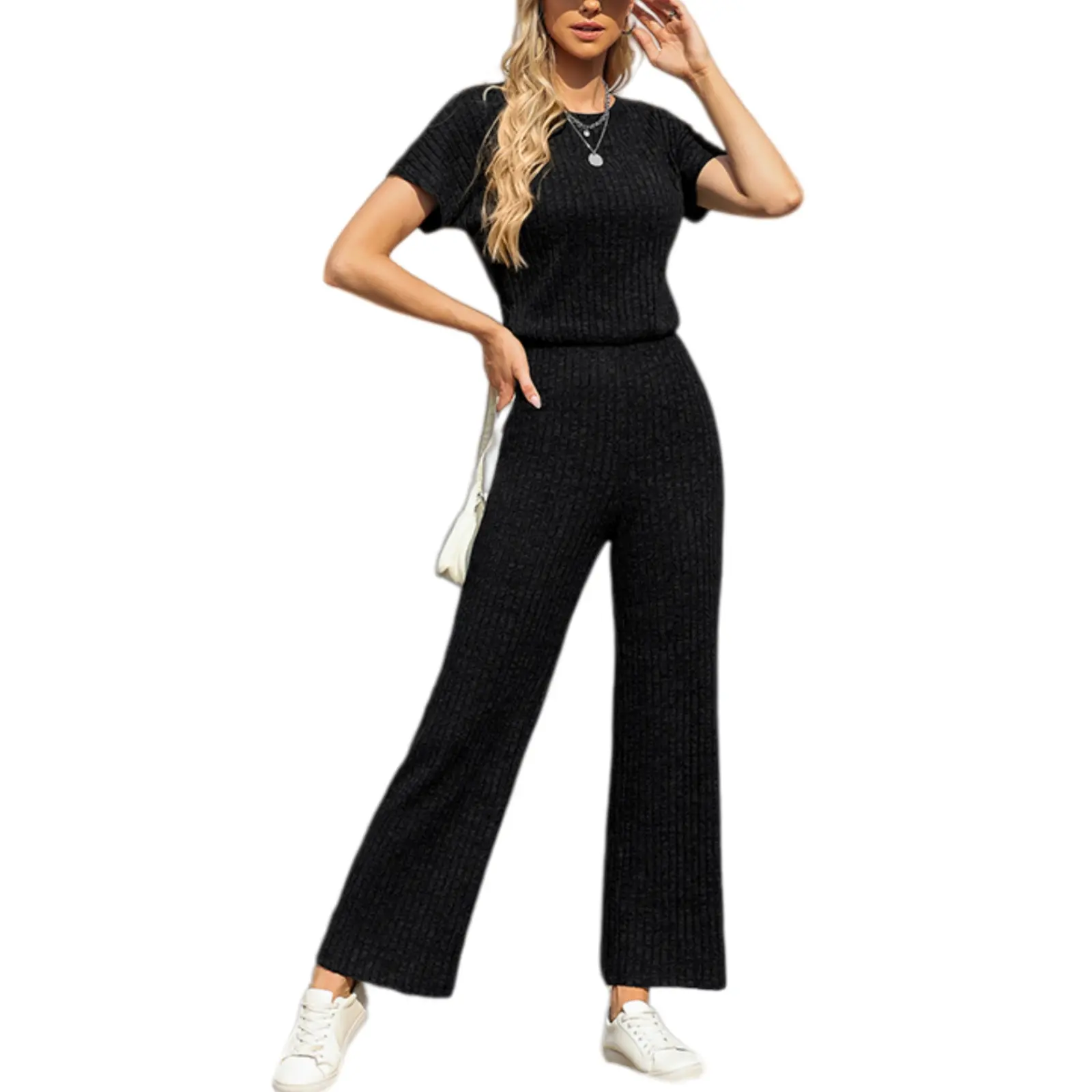Asvivid Women's High-Waist Slim Knitted Breathable Fabric Overalls - Casual, Lightweight, Solid-Color, Ribbed Round-Neck, Short-Sleeved, Wide-Leg, Elastic Long Jumpsuit