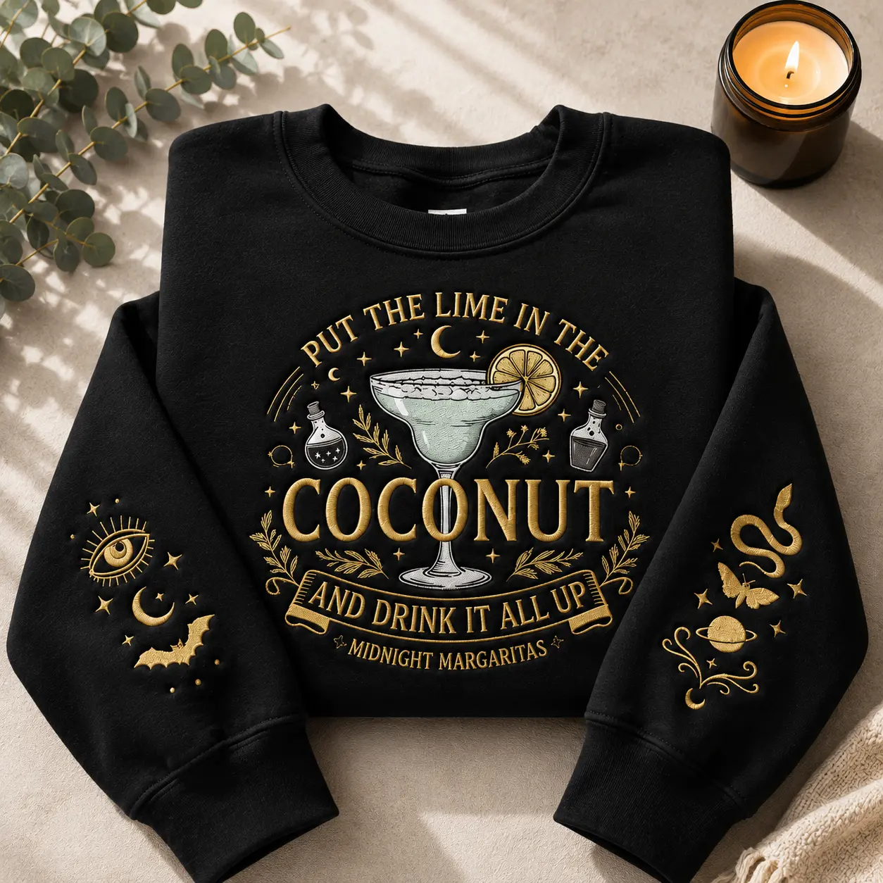 Embroidered Midnight Margarita Sweatshirt, Witchy Halloween Crewneck Pullover, Cozy Fall Gift for Her