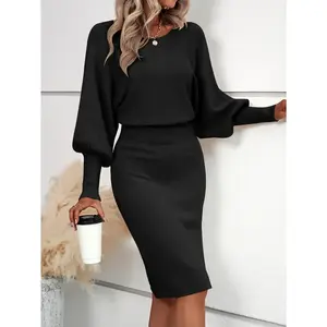 Autumn and Winter Solid Color Lantern Sleeve Waist-Cinching Sweater Dress