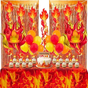 63PCS Fire Party Decorations, Pentecost Decorations - All-in-One Firefighter Birthday Party Decorations - with 2 Foil Fringe Curtains, 2 Flame Banners, 10 Flame Swirls, 1 Tablecloth for Kids Boys