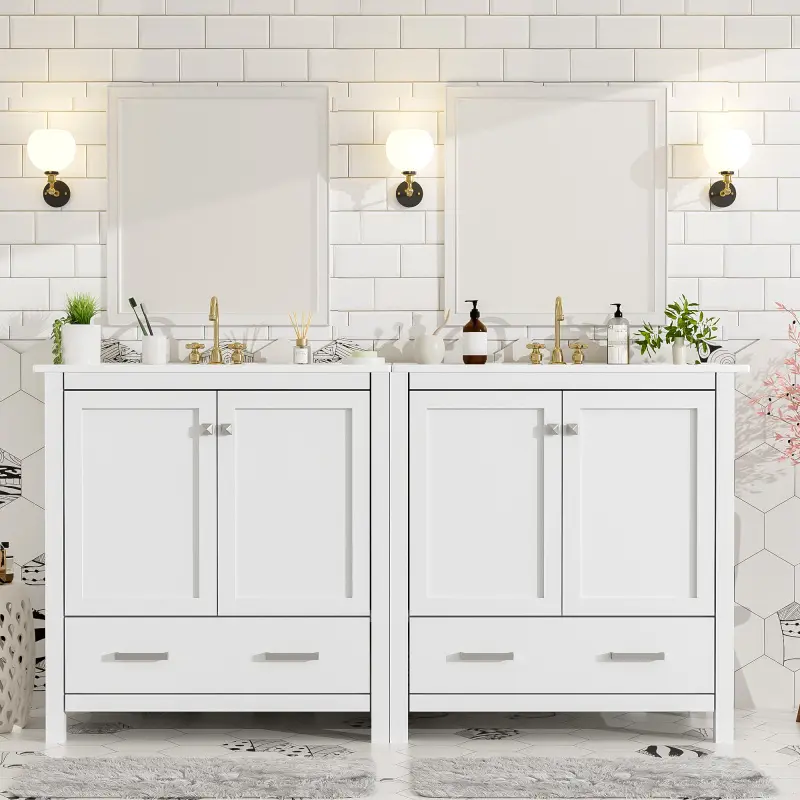 60" White Bathroom Vanity Set with Double Vanities (Separate), Double Ceramic Sinks, Storage Shelf, and Divided Drawers  (Mirror not included)– Modern Bathroom Solution for Spacious Bathrooms   WL