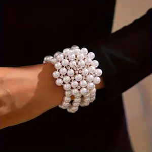 A bohemian retro style pearl bracelet with rhinestone floral decoration - elegant beaded bracelet for women's daily wear or wedding activities, multi-purpose backpacking gift