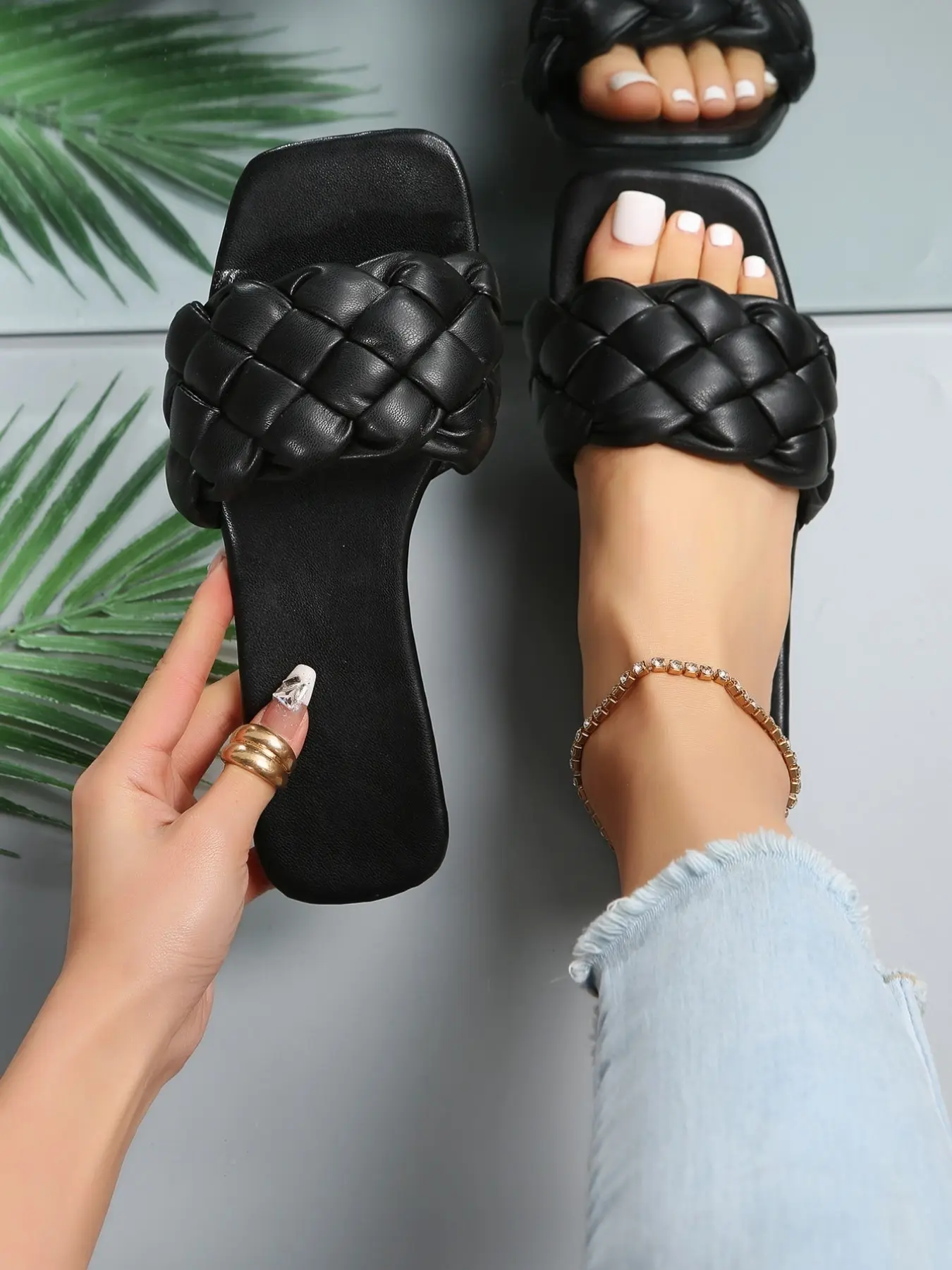 Summer New Elegant Simple Unique High-End Beach Women Sandals, Braided Band Sandals, Braided Design Sandals, Slimming Fashion Versatile Comfortable, Suitable for Beach Travel, Beach Slides Footwear, Casual Summer Sandals