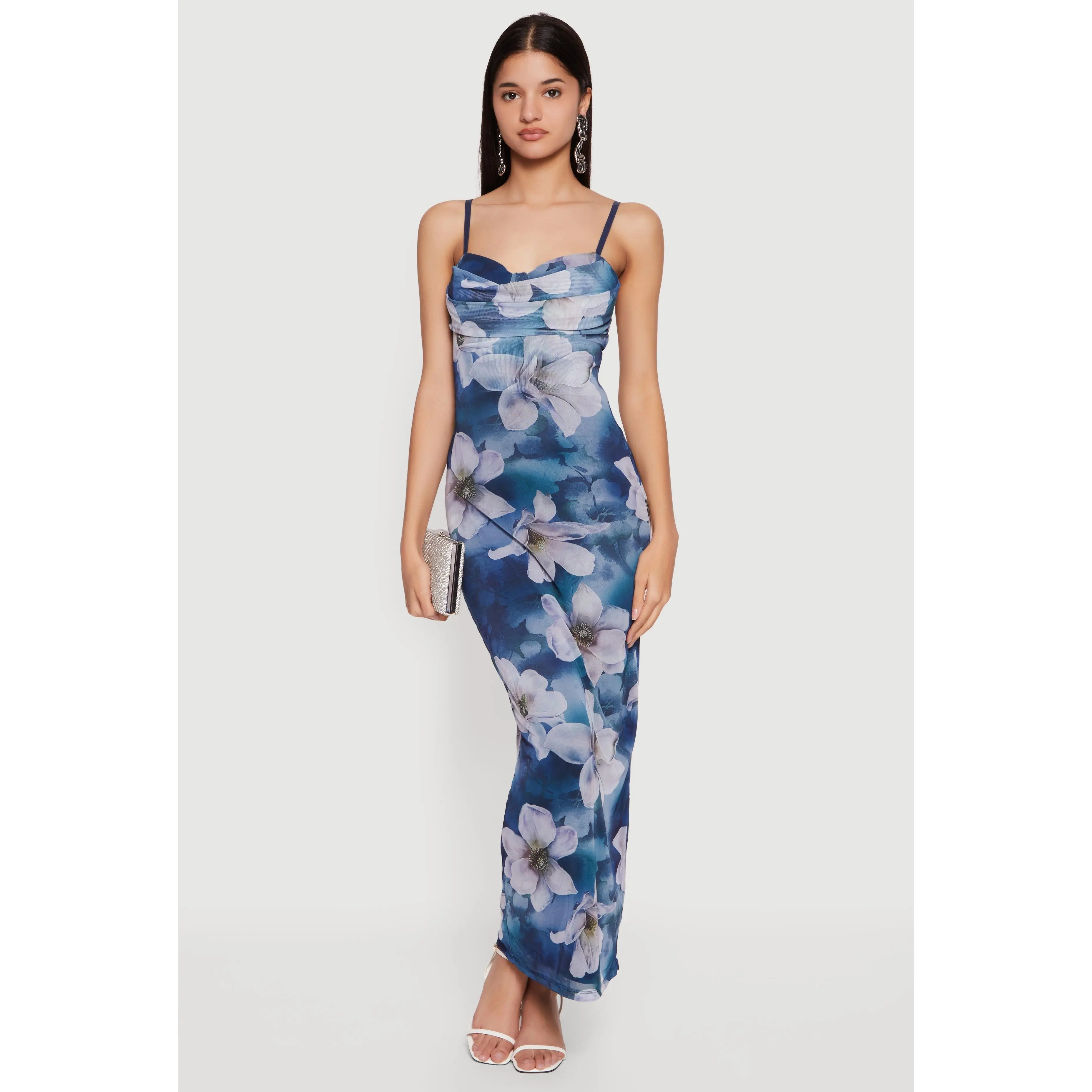 Floral Mesh Overlay Cowl Neck Maxi Dress