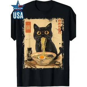 Stylish Vintage Kawaii Cat Ramen Graphic T-Shirt for Men 100 Cotton Comfortable Crew Neck Short Sleeve Casual Top with Heat Transfer Print Regular Fit All Season Wear Made in USA