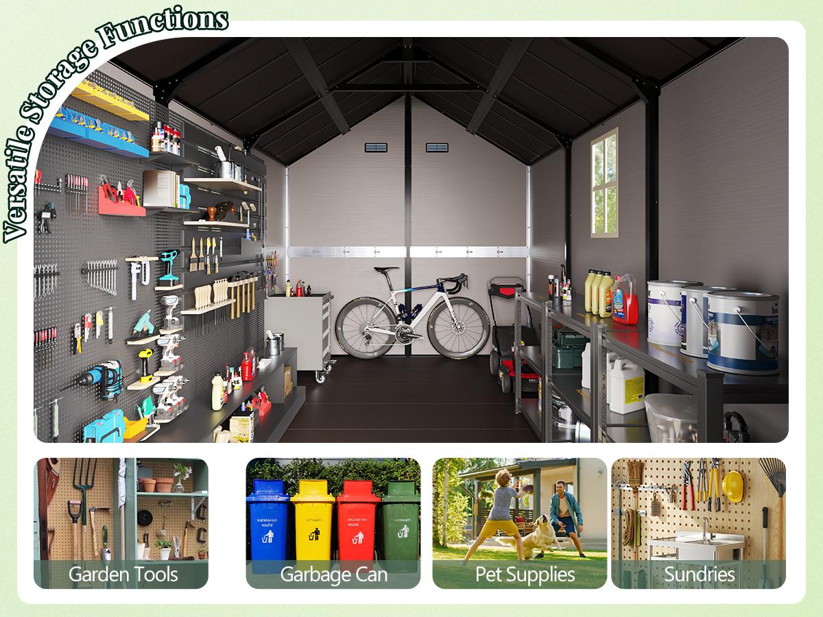 [Ships in 4 Boxes] AMERLIFE 8x13.5 FT Resin Storage Shed with Floor, Lockable Outdoor Storage Shed with Windows, Vents, All-Weather Use Plastic Structure for Garden, Backyard, Patio, Lawn – White & Brown