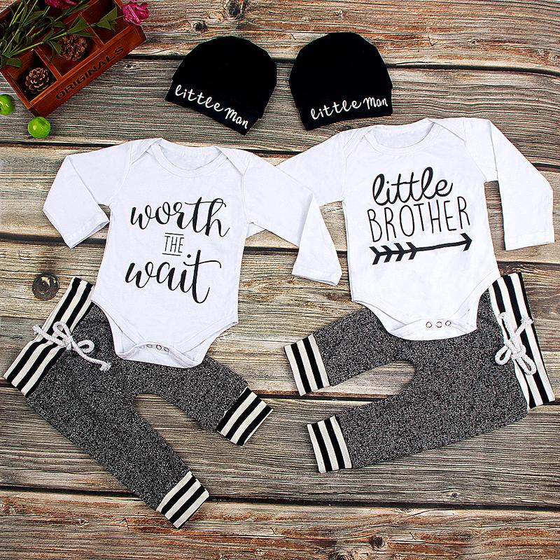 Baby Boys 3PCS Outfit Set, Long Sleeve Letter Pattern Envelope Neckline Romper, Long Straps Elastic Band Pants, Beanie Hat Set 0 3 6 12 24 Months