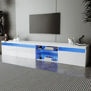 ON-TREND Unique Design TV Stand with 2 Glass Shelves Ample Storage Space Media Console for TVs Up to 105" Versatile TV Cabinet with LED Color Changing Lights for Living Room White/Black 94.50 inches Long