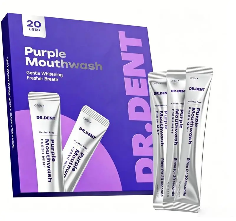 DR.DENT Portable Purple Mouthwash Sachets 20 packs Alcohol & peroxide free vegan mint formula