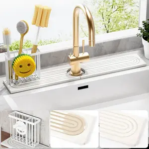 White Diatomite Faucet Mat for Kitchen Sink Protectors with Dish Brush Holder-Absorbent Drying Counter Stone Water Splash Guard Area, Behind Kitchen Sink  Organizers Accessories Organizer