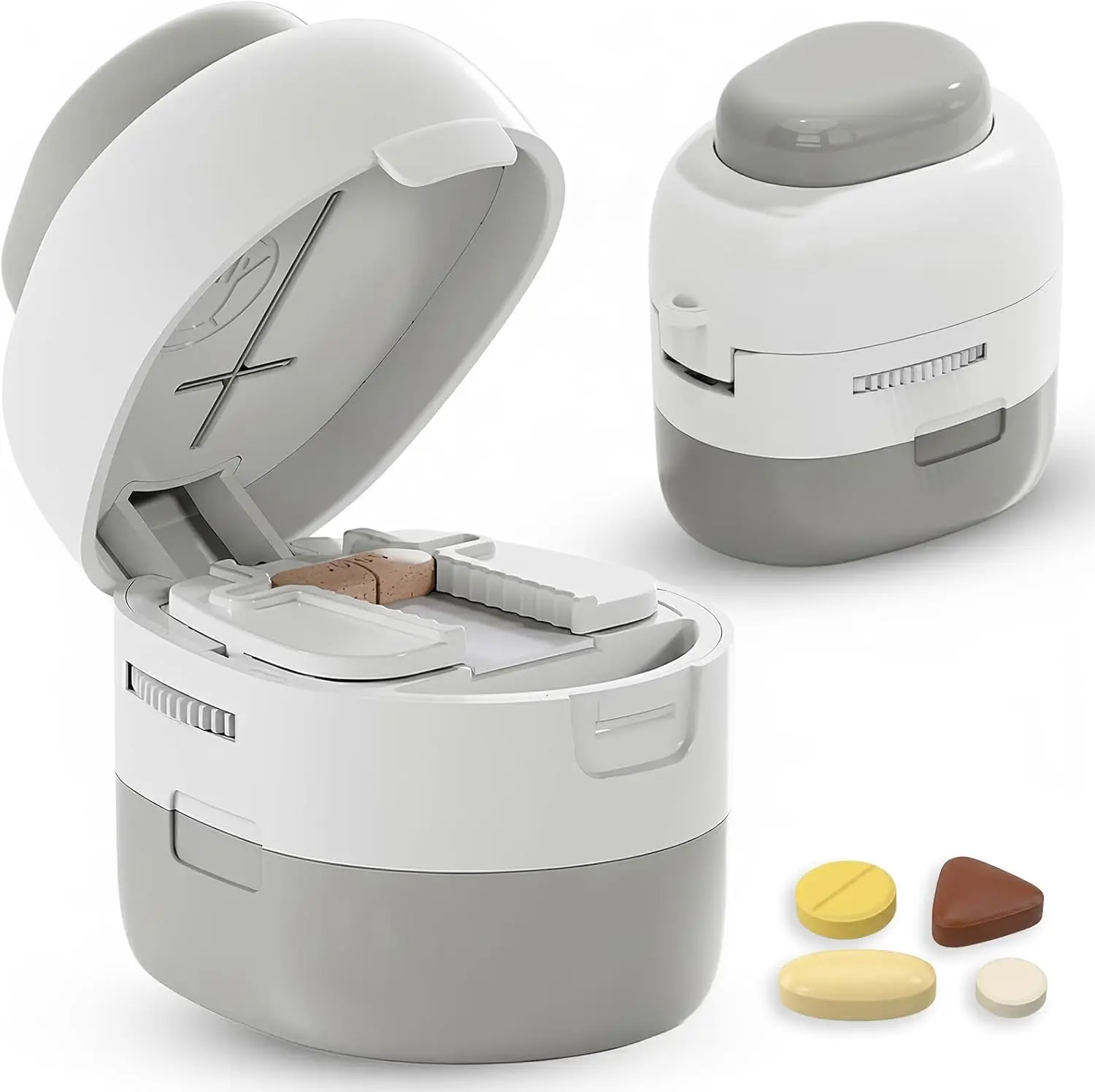 Pill Cutter Splitter with Storage Box, Adjustable Vertical-Press Tablet Cutter for Small and Tiny Pills, Vitamins and Tablets, Precise 1/2 and 1/4 Cutting, Hidden Safety Blade, Multi-Pill Cutting