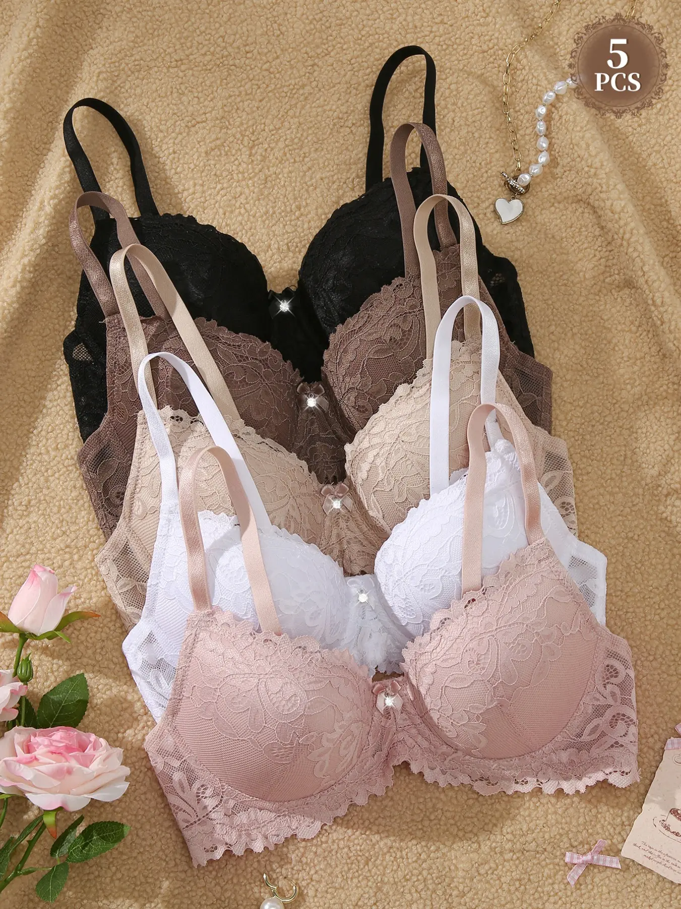 5PCS Women's Elegant Chic Lace Floral Underwire Push-Up Bra,Medium Support Natural Lift and Anti‑sagging, Slimming Adjustable Straps Buckle Breathable Buttery Soft for Daily Wear, Fashion Bra