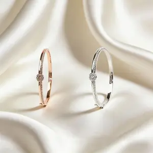 Luxury Round Center Stone Pavé Bangle Bracelet for Women, Elegant Polished Sparkle Hinged Bangle, Premium Statement Cuff Bracelet, Trendy Aesthetic Formal Jewelry, Timeless Anniversary Birthday Gift for Her