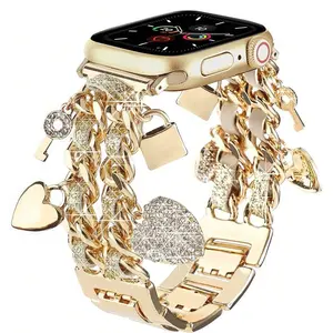 1PC Fashion Metal Thin Flash Leather Rope Double Heart Lock Core Smart Strap, Compatible with Apple Watch 38/40/41/42/44/45/46/49mm, Suitable for Apple Watch Series Ultra/SE/11/10/9/8/7/6/5/4/3/2/1, (Strap only, watch and case not included)