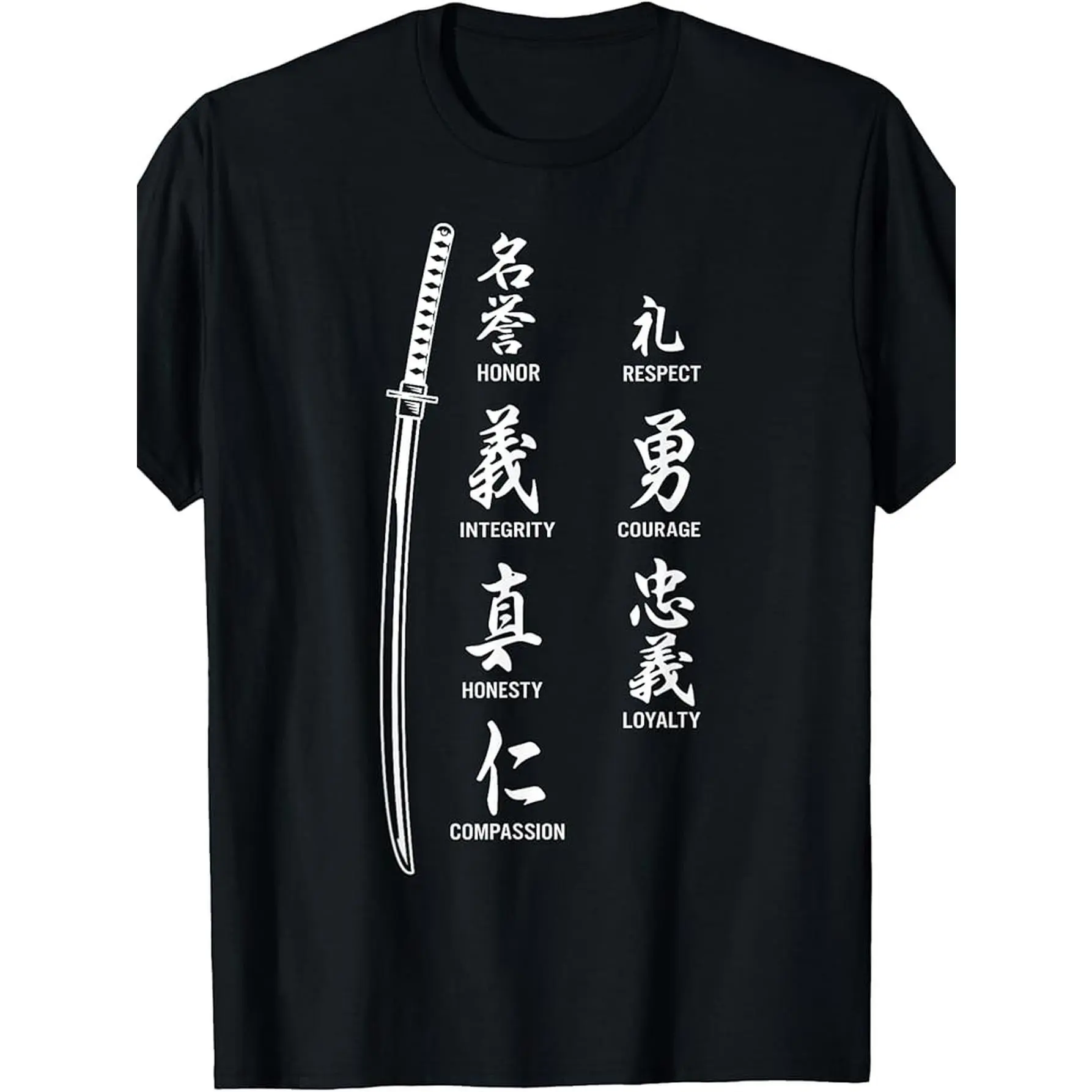 Menswear Casual Streetwear 180g Round Neck Short-Sleeve T-Shirt - 100% Made in USA, Vintage Japanese Letter Samurai Katana Sword Warrior Design Top Cultural Tshirt Crewneck Tropical Shortsleeve Shoe Wetsuit