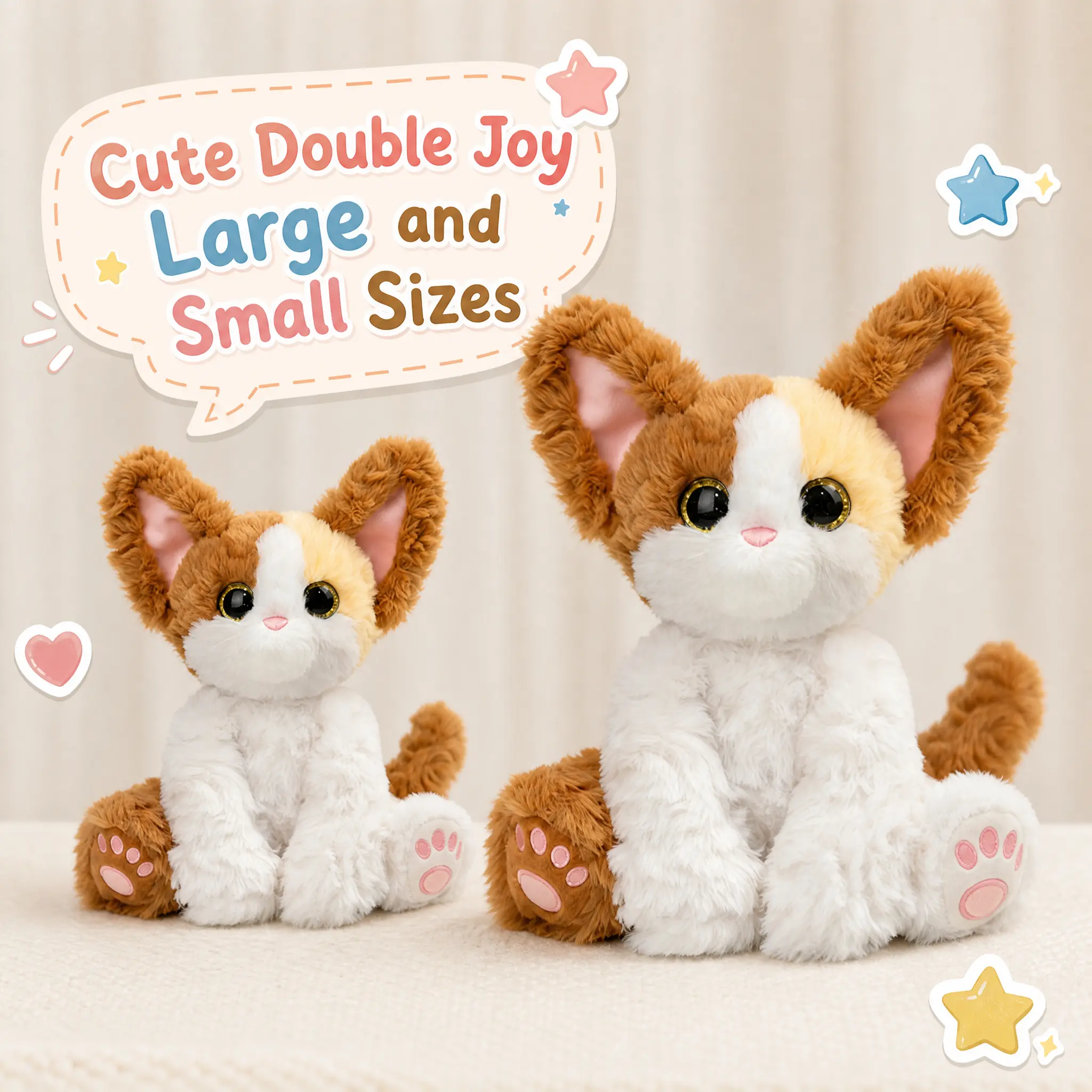 Smilebella 8"-10" Fluffy Cute Orange White Plush Velvet Cat Stuffed Toy - Soft Big Ear Kitten with Glitter Eyes, Unisex Gift for Animal Lovers, Available in Small, Large & Value Combo Set