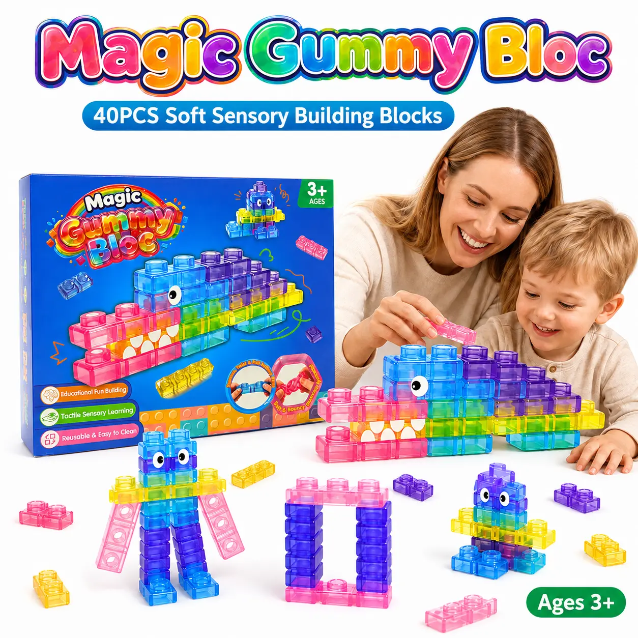 40PCS  Plastic Soft Gummy Blocks Set for Kids Ages 3+, Colorful Building Toy for Robots/Animals Creation & Creativity, Easy-to-Hold Screen-Free Plaything