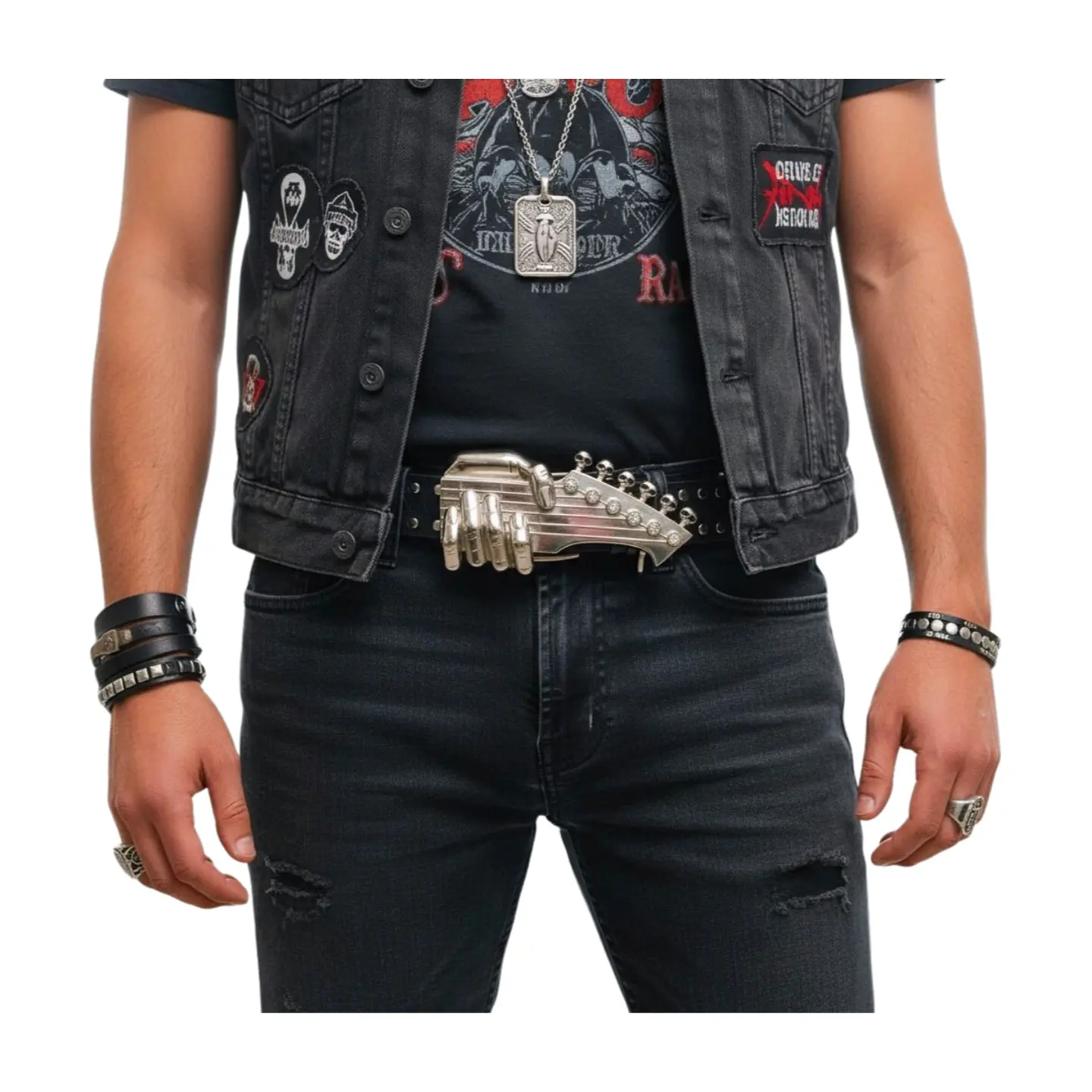 NEW Silver Guitar Hand Skull Buckle Unisex Designer Belt Buckle for 1.5 in Belts Polished Metal with Rhinestone Accents 4 x 2 in Biker Motorcycle Punk Rocker Style
